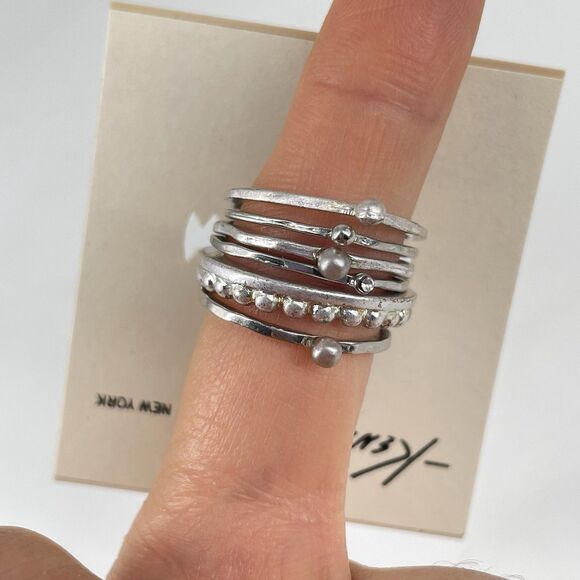 Kenneth Cole Silver Tone Stackable Ring Set 6pcs Metal Beads New on Card - Picture 2 of 4